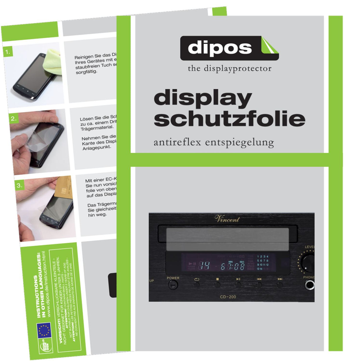 Matte Displayschutzfolie von dipos passend für Vincent CD-200, präziser Zuschnitt und blasenfrei montiert