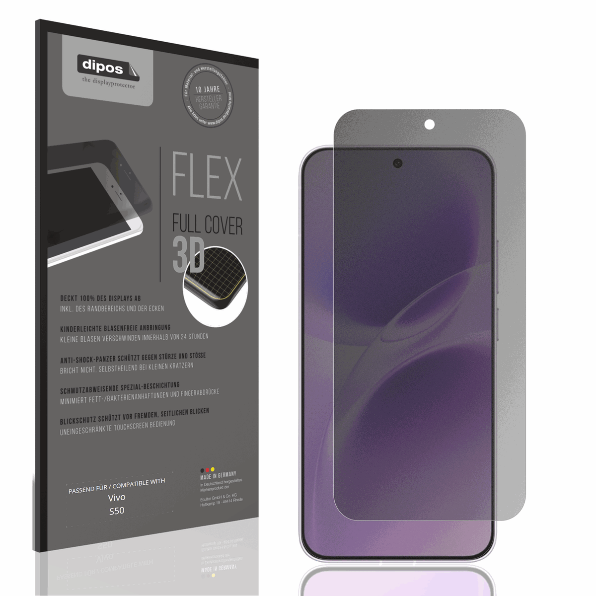 Blickschutzfolie von dipos passend für Vivo S50, 100% Displayabdeckung und blasenfreie Montage