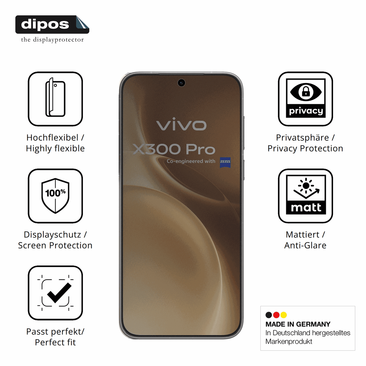 Flexible TPU-Folie passend zugeschnitten für vivox300 pro, mit Privatsphäre-Schutz durch Sichtschutz-Folie