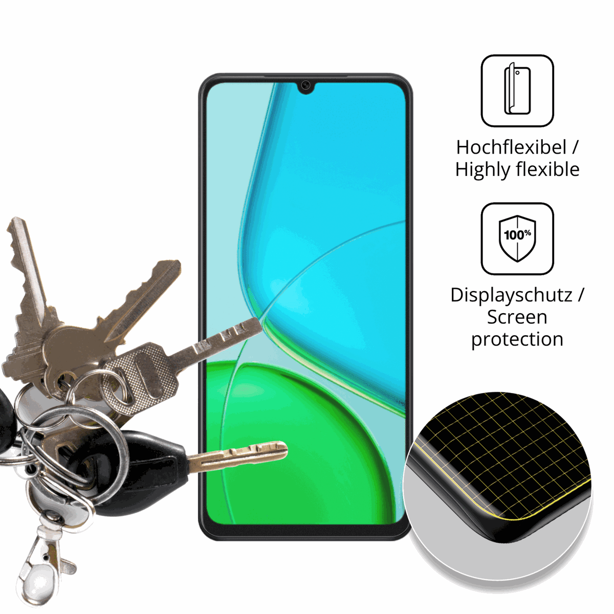 dipos Displayschutz für Vivo Y50e, transparente Oberfläche, perfekte Passform auch für die Rundungen