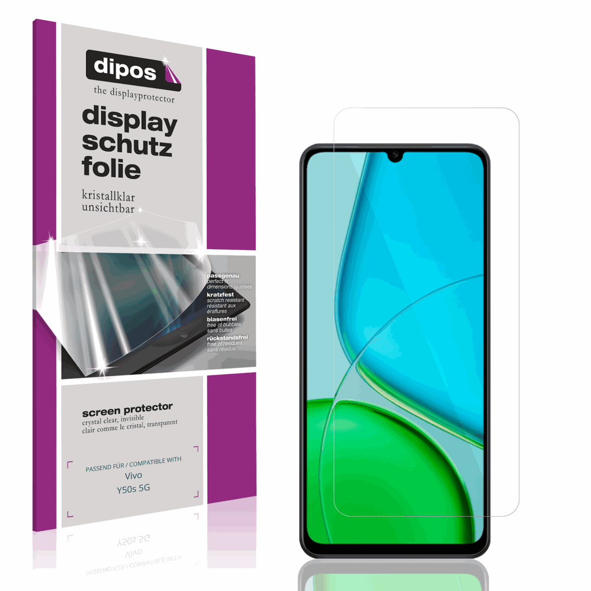 Klare Displayschutzfolie von dipos passend für Vivo Y50s 5G, präziser Zuschnitt und blasenfrei montiert