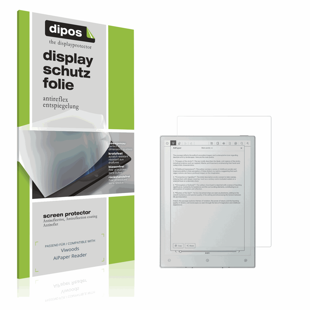 Matte Displayschutzfolie von dipos passend für Viwoods AiPaper Reader, präziser Zuschnitt und blasenfrei montiert