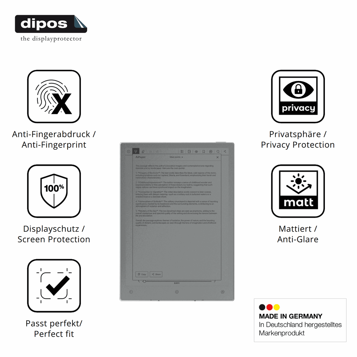 Privatsphäre-Schutz durch Sichtschutz-Folie passend zugeschnitten für Viwoods AiPaper Reader