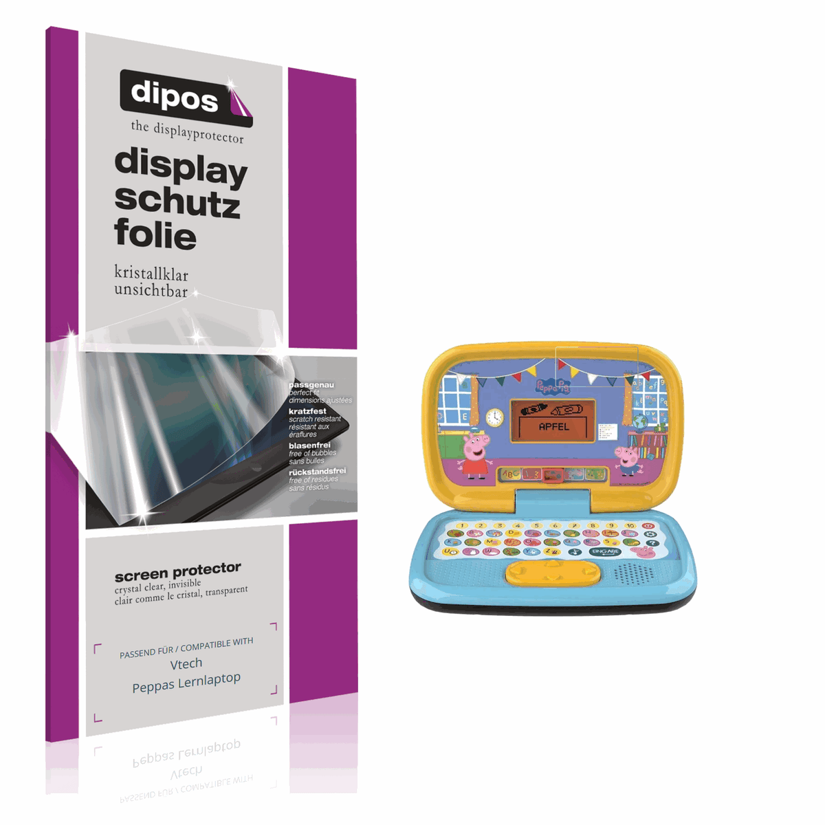 Klare Displayschutzfolie von dipos passend für Vtech Peppas Lernlaptop, präziser Zuschnitt und blasenfrei montiert