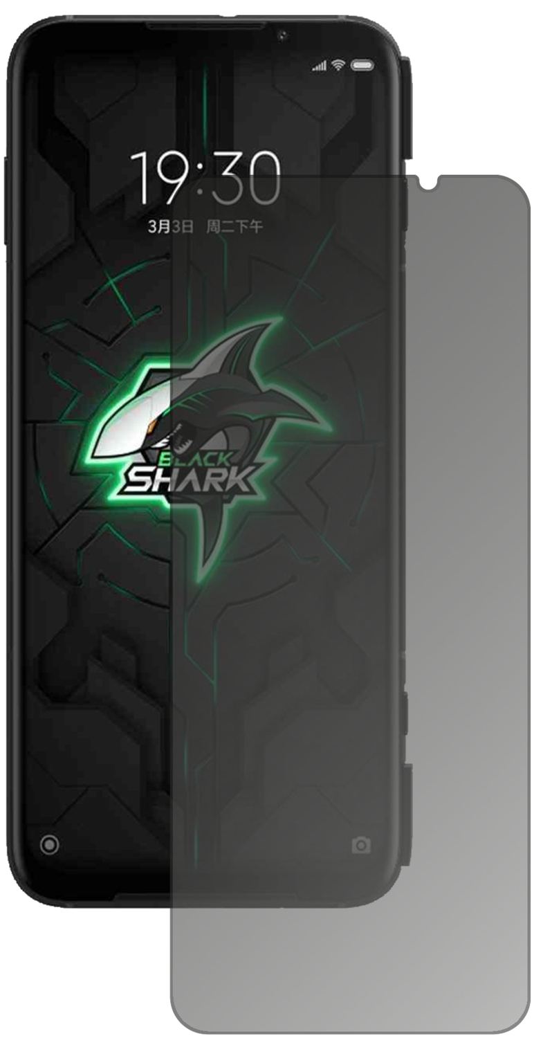 XiaomiBlack Shark 3 mit aufgebrachtem dipos Displayschutz, der seitliche Einblicke blockiert