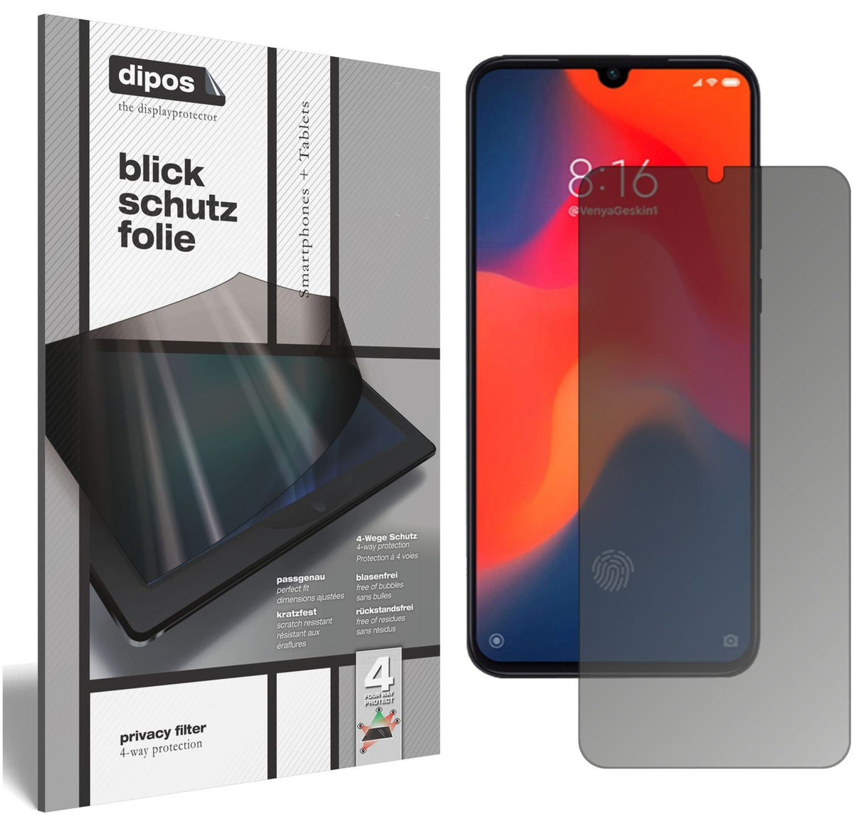 Blickschutzfolie von dipos passend für Xiaomi Mi 9 Pro, präziser Zuschnitt und blasenfrei montiert