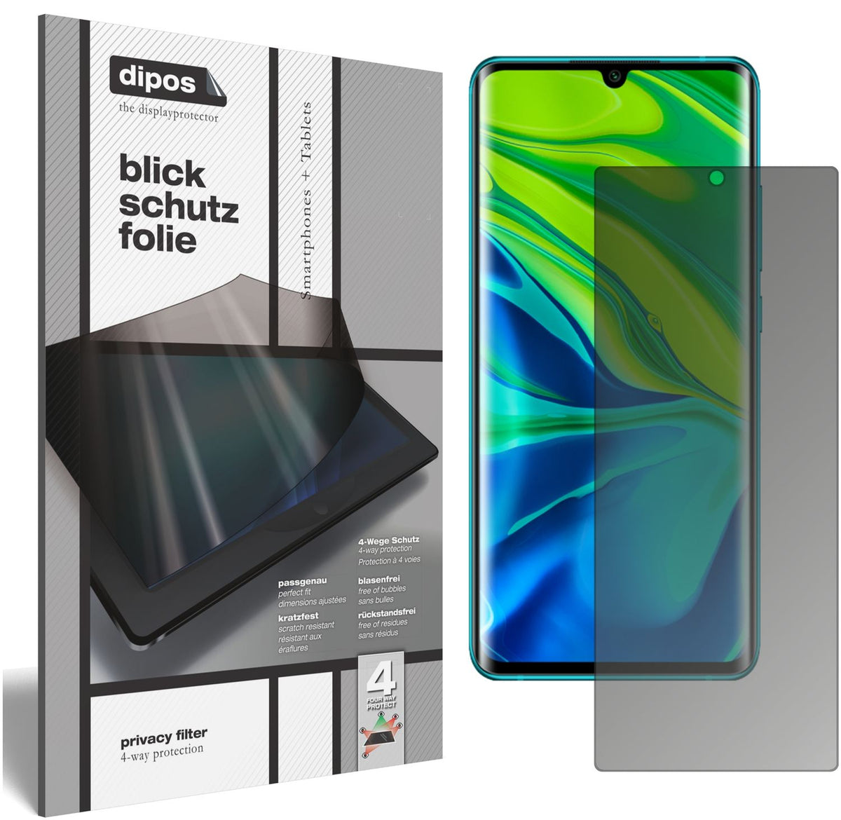 Blickschutzfolie von dipos passend für Xiaomi Mi Note 10 Pro, präziser Zuschnitt und blasenfrei montiert