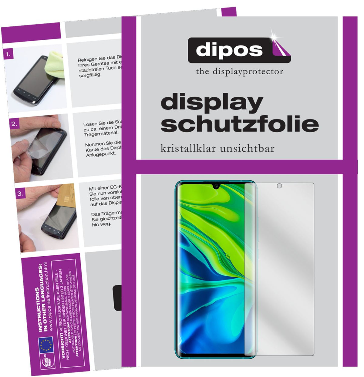 Klare Displayschutzfolie von dipos passend für Xiaomi Mi Note 10 Pro, präziser Zuschnitt und blasenfrei montiert