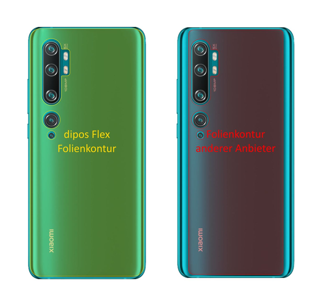 XiaomiMi Note 10 Lite Rückseite mit aufgebrachter dipos Displayschutzfolie, glasklare Darstellung ohne Einschränkungen