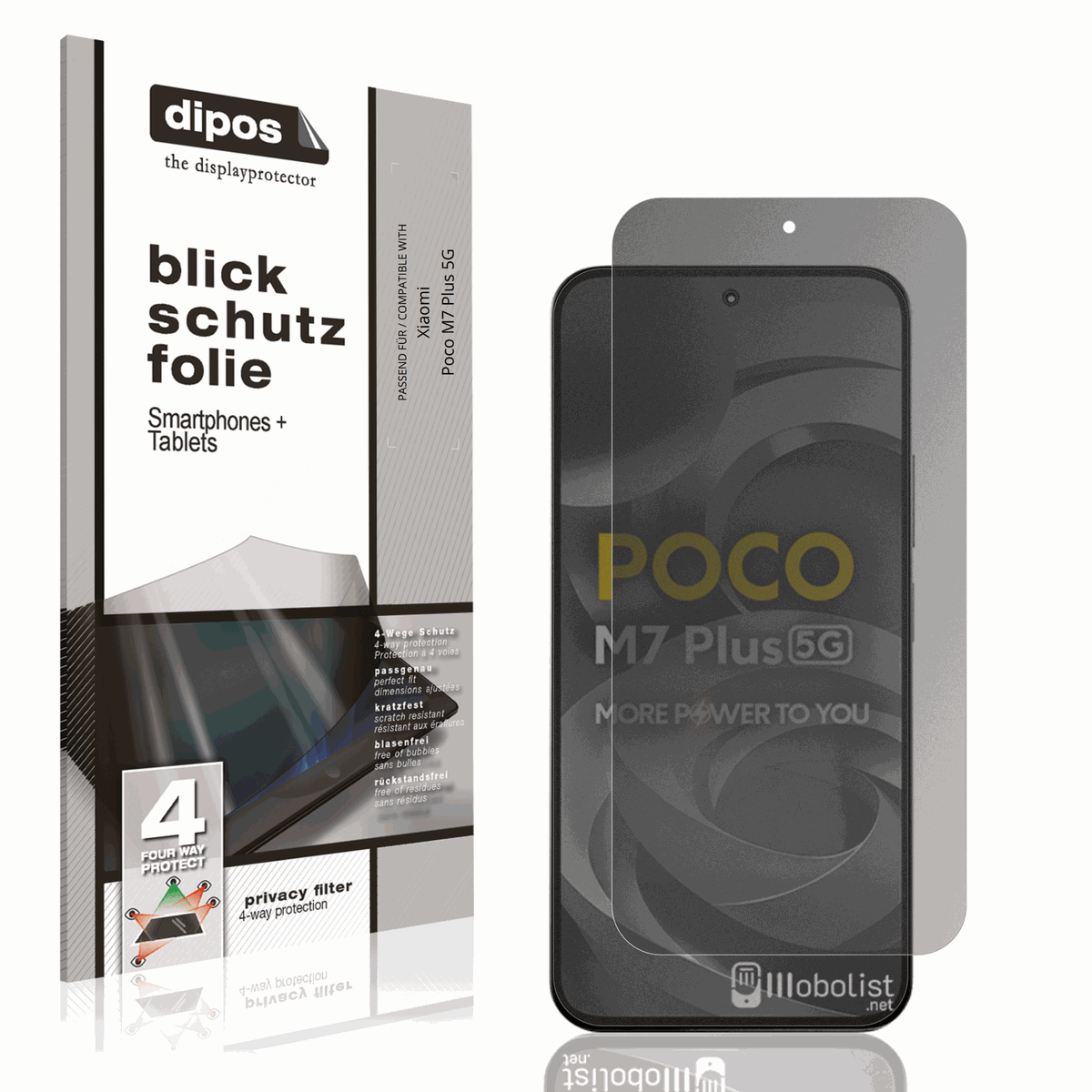 Blickschutzfolie von dipos passend für Xiaomi Poco M7 Plus 5G, präziser Zuschnitt und blasenfrei montiert