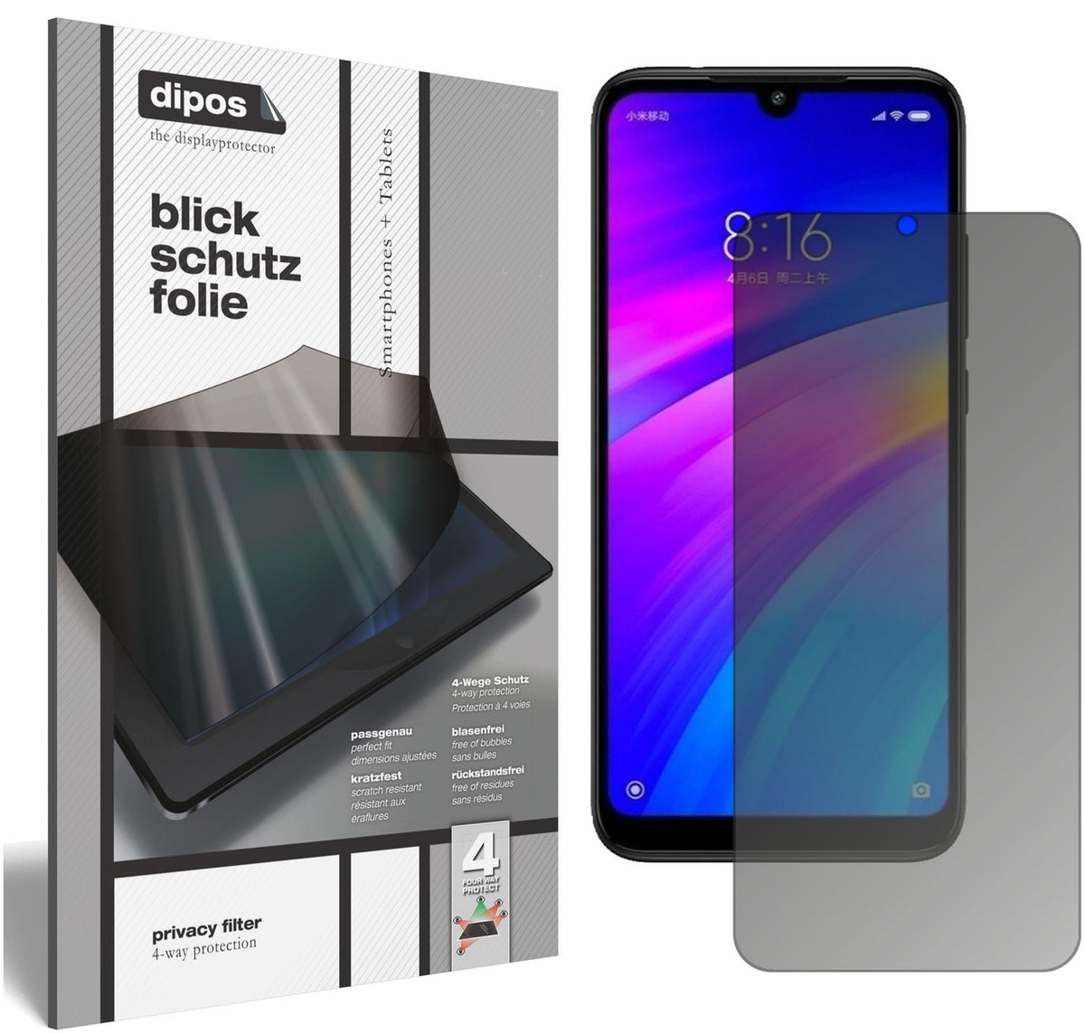 Blickschutzfolie von dipos passend für Xiaomi Redmi 7, präziser Zuschnitt und blasenfrei montiert