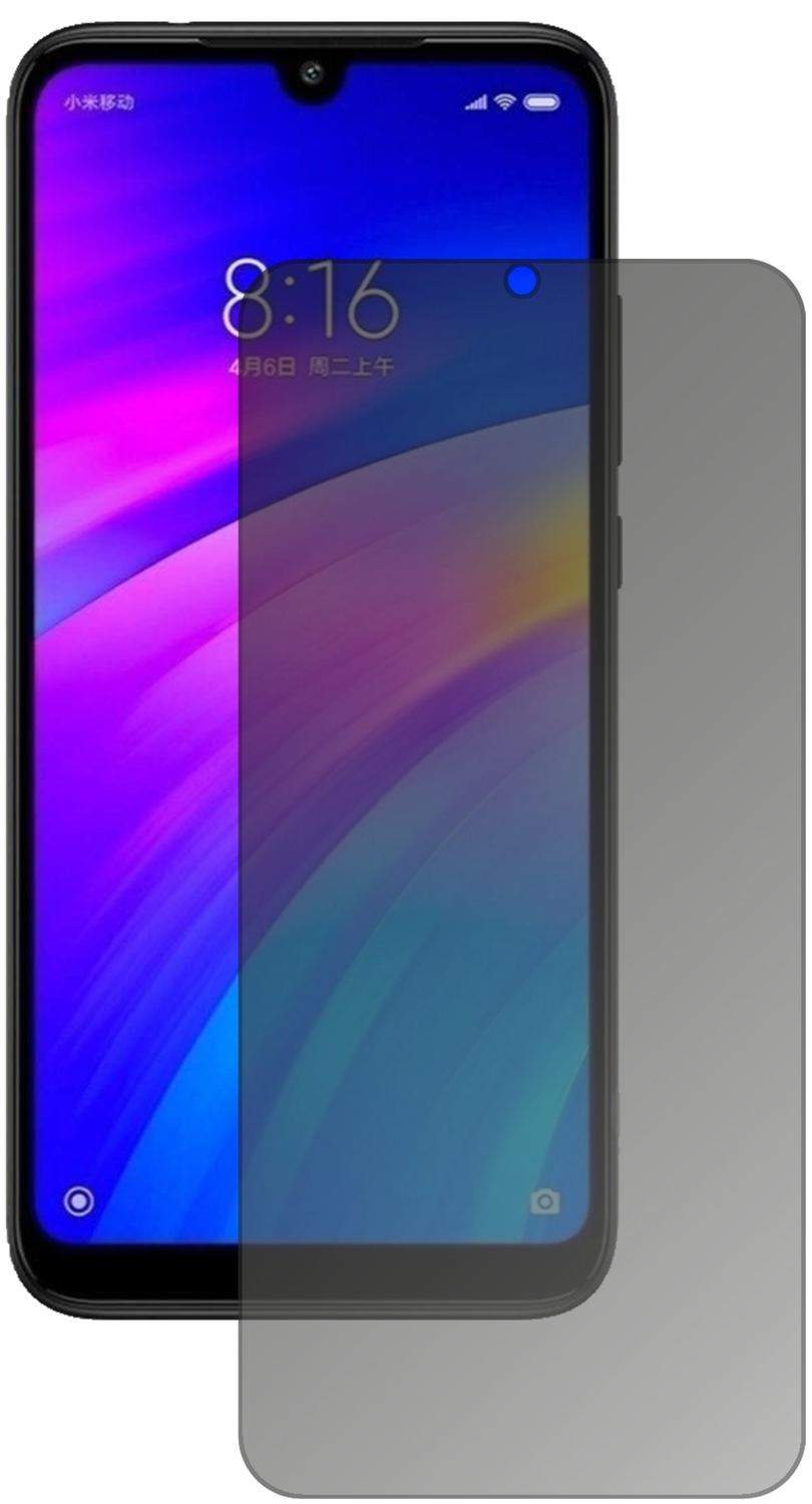 XiaomiRedmi 7 mit aufgebrachtem dipos Displayschutz, der seitliche Einblicke blockiert