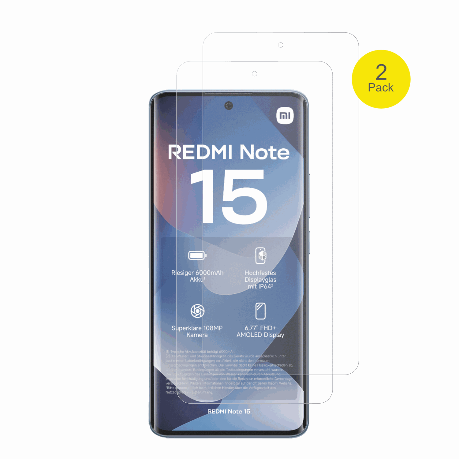 XiaomiRedmi Note 15 mit aufgebrachter dipos Flex Schutzfolie, glasklare Darstellung ohne Einschränkungen