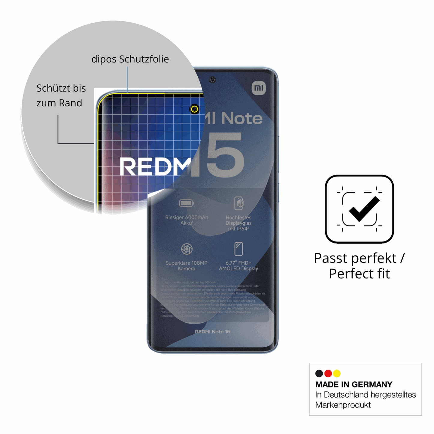Schutz gegen Kratzer auf dem Xiaomi Redmi Note 15 Glas durch Schlüssel, Stöße gegen die Tischkante oder Stürze