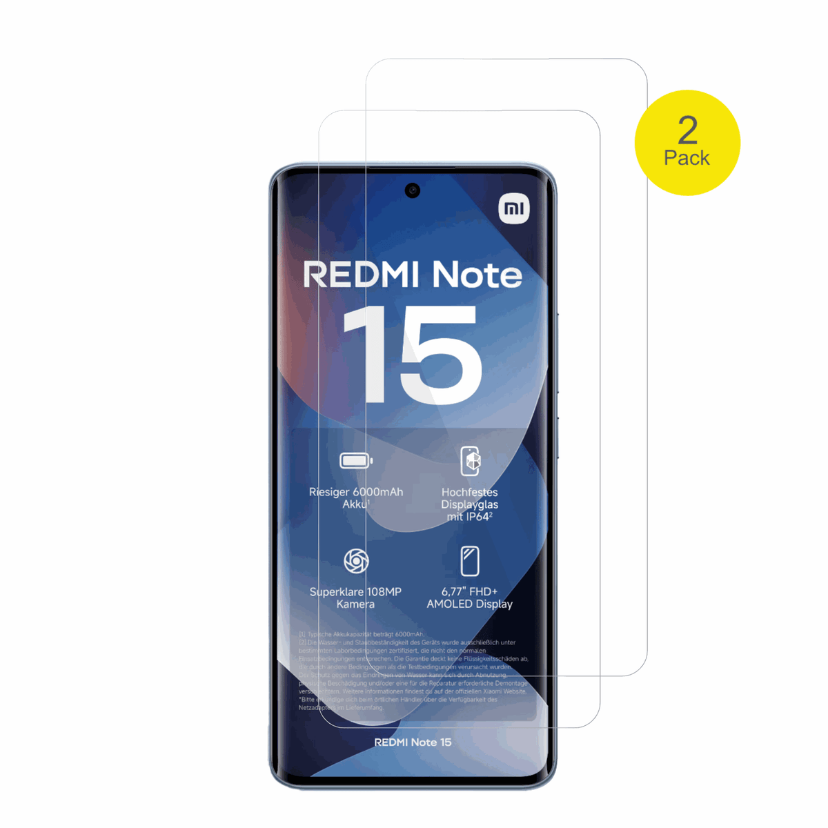 XiaomiRedmi Note 15 mit aufgebrachter dipos Displayschutzfolie, glasklare Darstellung ohne Einschränkungen