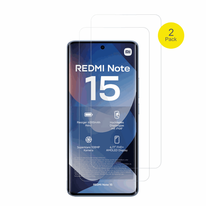 XiaomiRedmi Note 15 mit aufgebrachter dipos Displayschutzfolie, glasklare Darstellung ohne Einschränkungen
