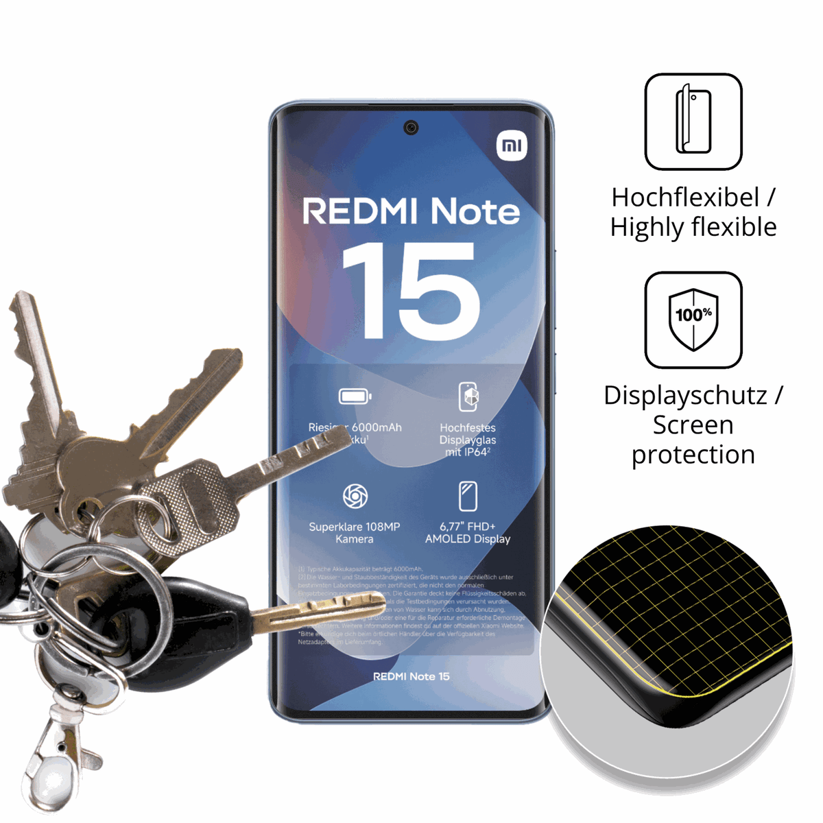 dipos Displayschutz für Xiaomi Redmi note 15 4g, transparente Oberfläche, perfekte Passform auch für die Rundungen