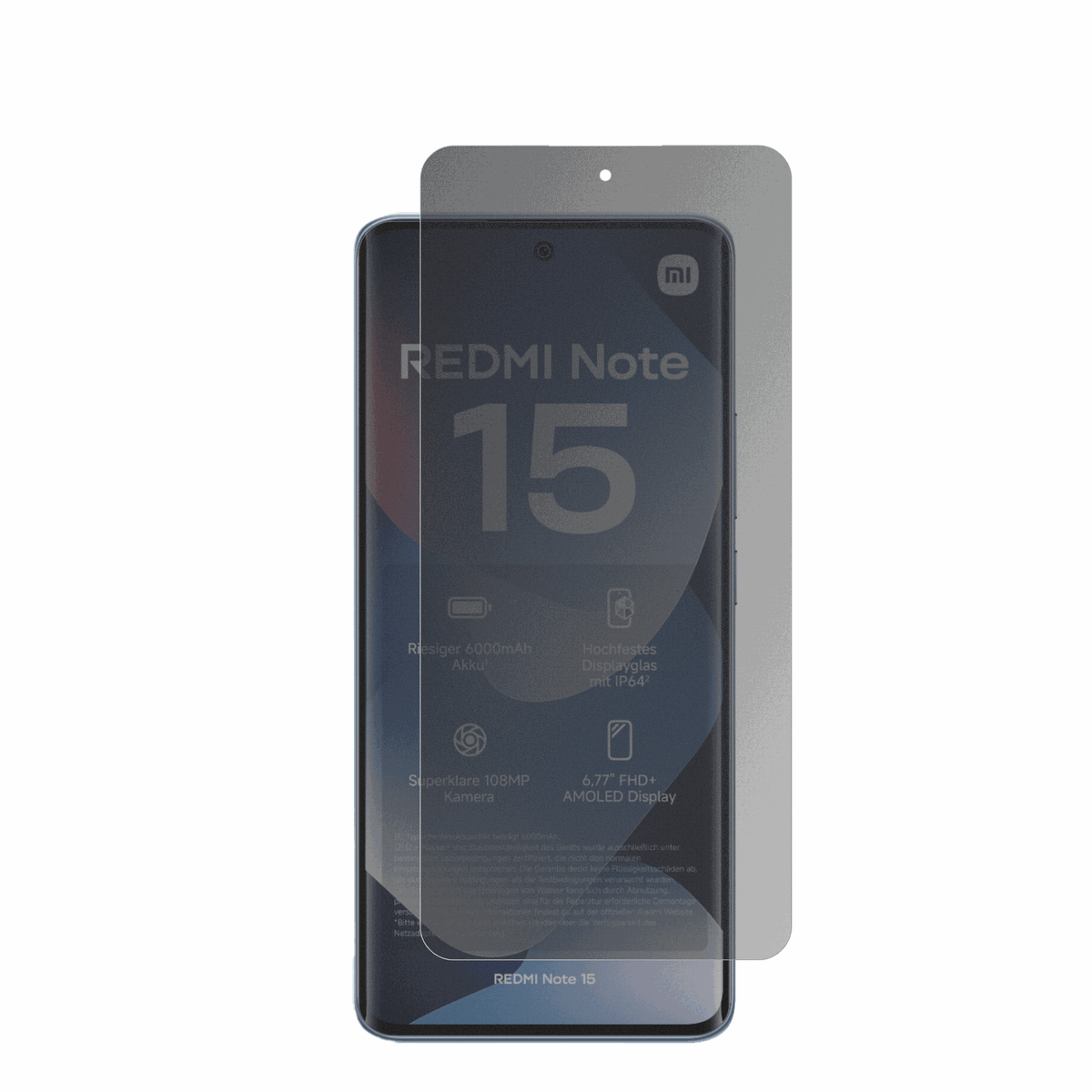 XiaomiRedmi note 15 4g mit aufgebrachter dipos Flex Schutzfolie, die seitliche Einblicke blockiert