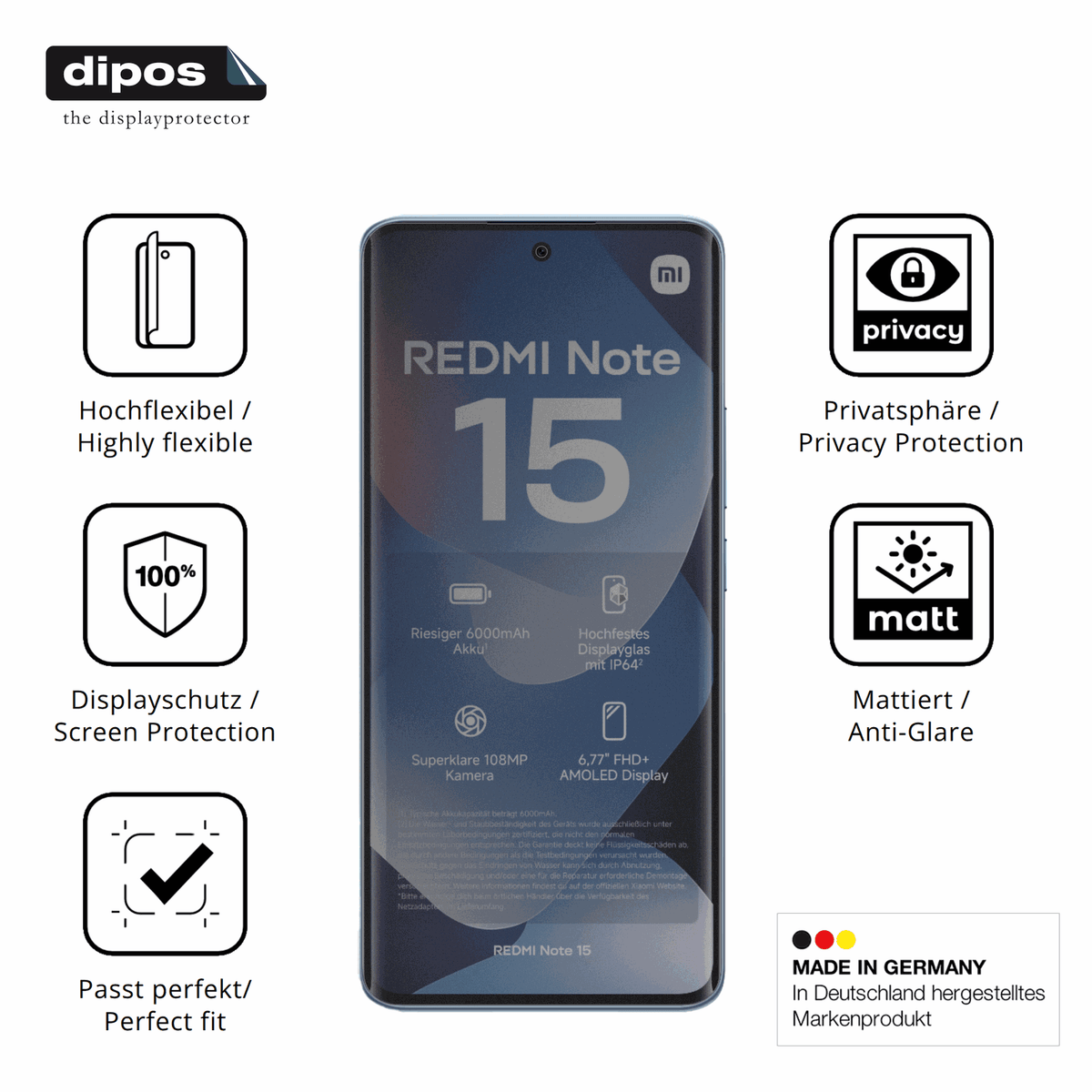 Flexible TPU-Folie passend zugeschnitten für Xiaomi Redmi note 15 4g, mit Privatsphäre-Schutz durch Sichtschutz-Folie