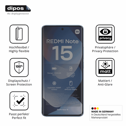 Flexible TPU-Folie passend zugeschnitten für Xiaomi Redmi note 15 4g, mit Privatsphäre-Schutz durch Sichtschutz-Folie
