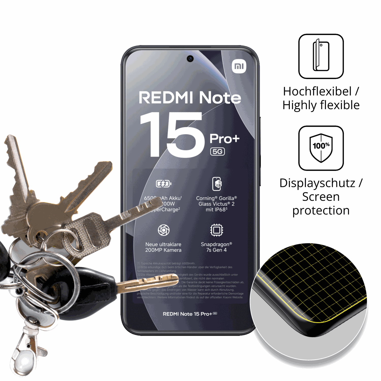 dipos Displayschutz für Xiaomi Redmi Note 15 Pro Plus, transparente Oberfläche, perfekte Passform auch für die Rundungen