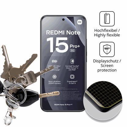 dipos Displayschutz für Xiaomi Redmi Note 15 Pro Plus, transparente Oberfläche, perfekte Passform auch für die Rundungen