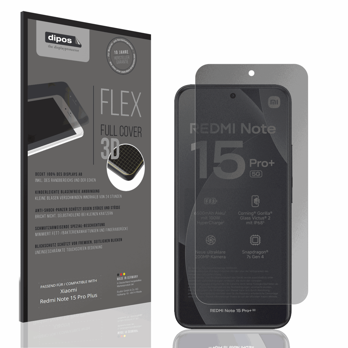 Blickschutzfolie von dipos passend für Xiaomi Redmi Note 15 Pro Plus, 100% Displayabdeckung und blasenfreie Montage