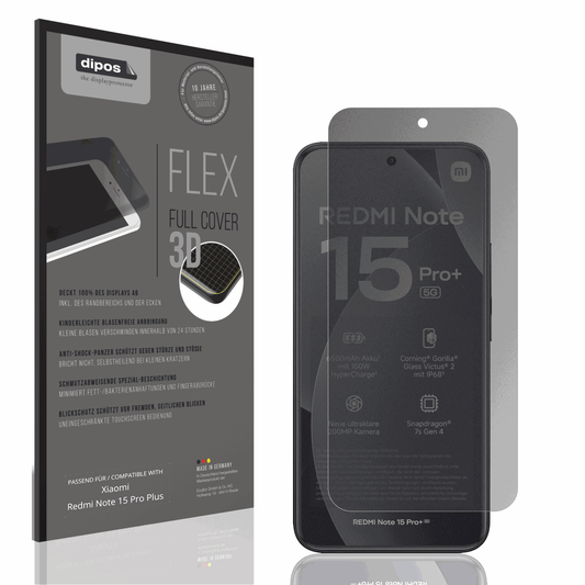 Blickschutzfolie von dipos passend für Xiaomi Redmi Note 15 Pro Plus, 100% Displayabdeckung und blasenfreie Montage