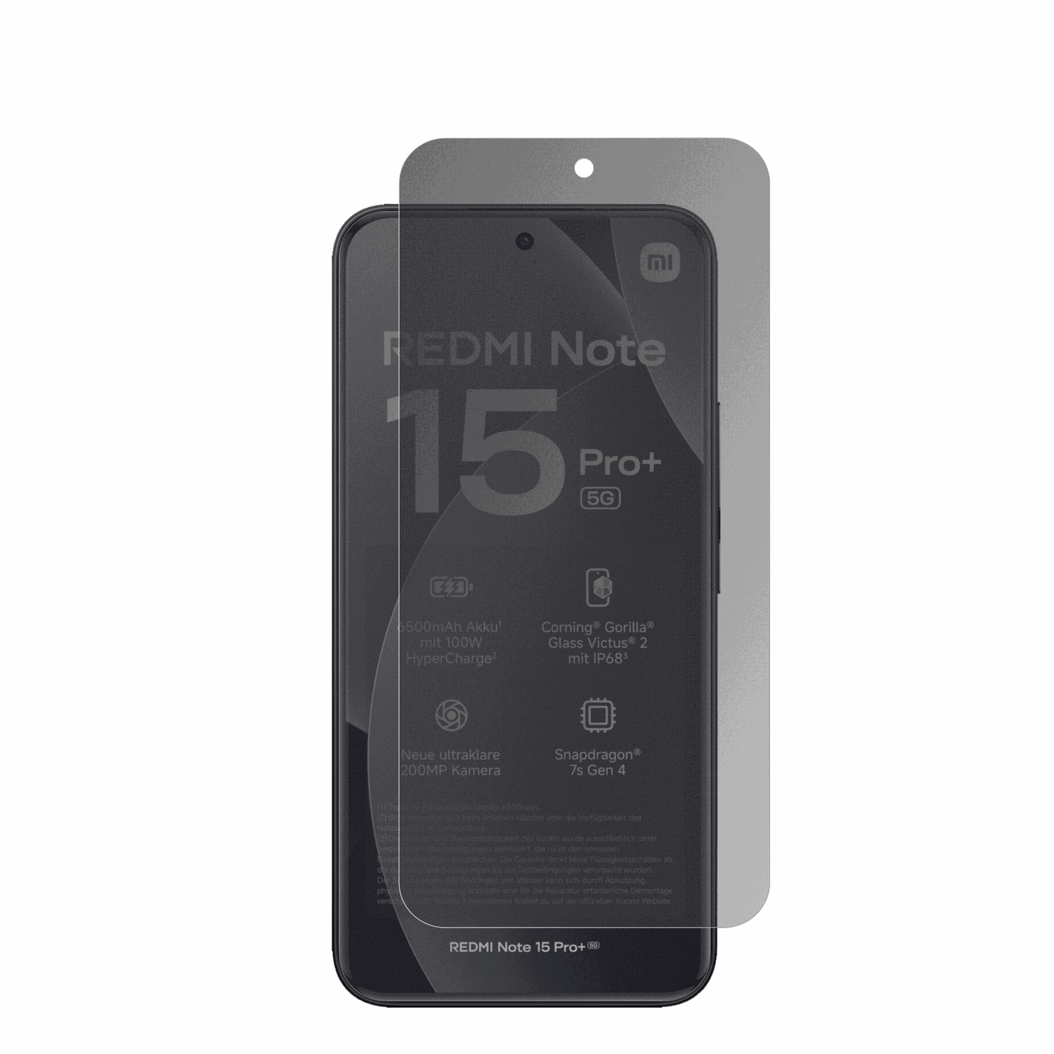 XiaomiRedmi Note 15 Pro Plus mit aufgebrachter dipos Flex Schutzfolie, die seitliche Einblicke blockiert