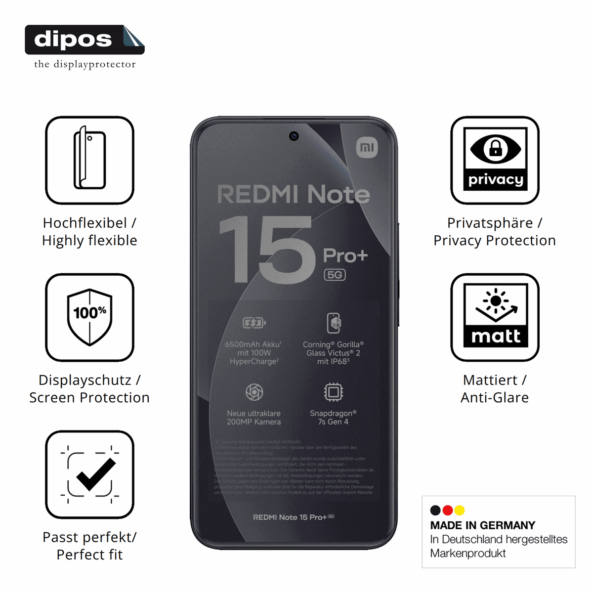 Flexible TPU-Folie passend zugeschnitten für Xiaomi Redmi Note 15 Pro Plus, mit Privatsphäre-Schutz durch Sichtschutz-Folie