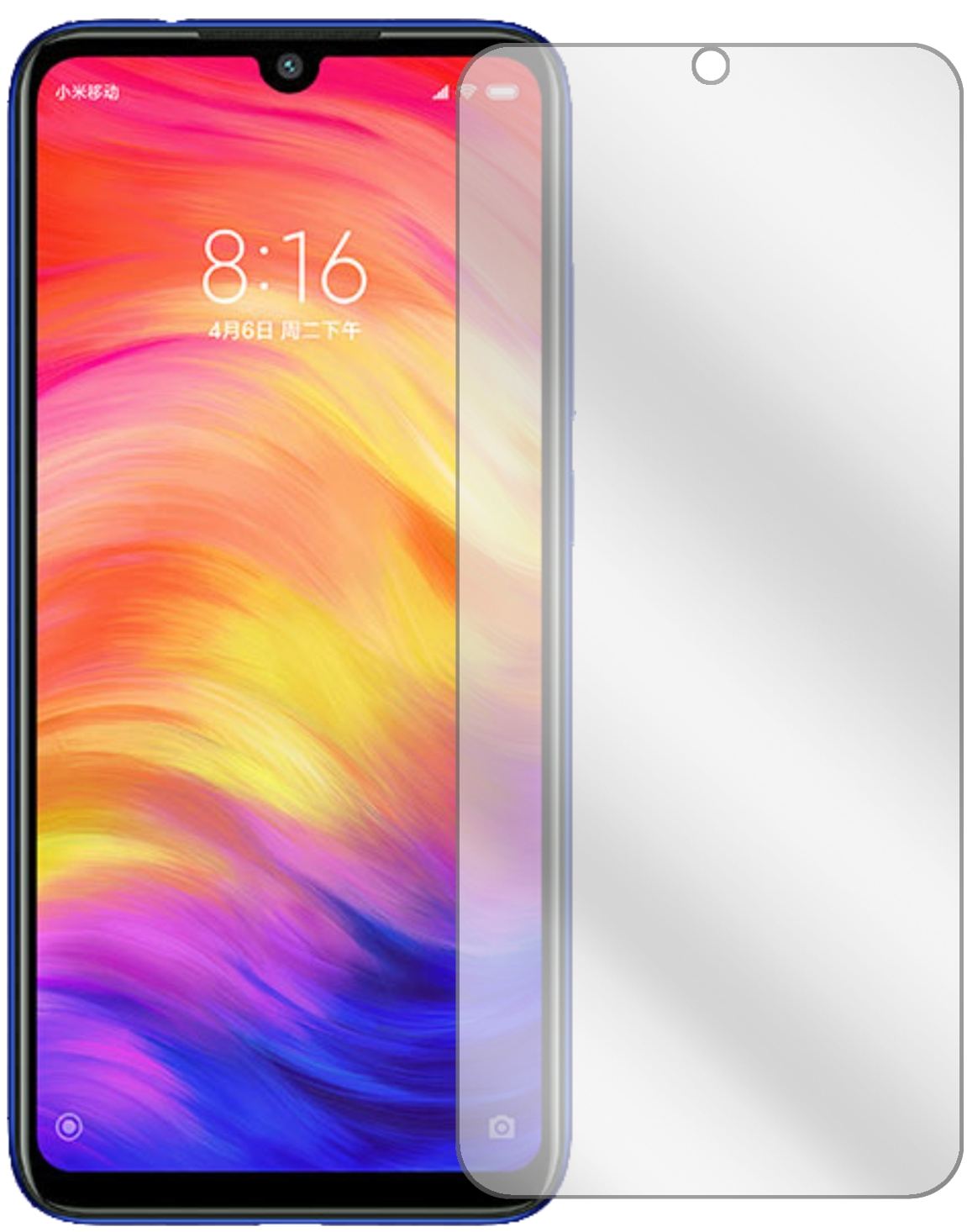 XiaomiRedmi Note 7S mit aufgebrachter dipos Displayschutzfolie, glasklare Darstellung ohne Einschränkungen