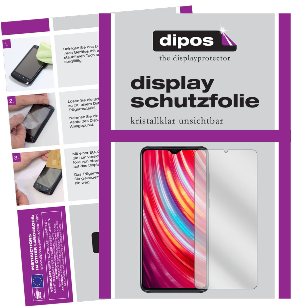 Klare Displayschutzfolie von dipos passend für Xiaomi Redmi Note 8 Pro, präziser Zuschnitt und blasenfrei montiert