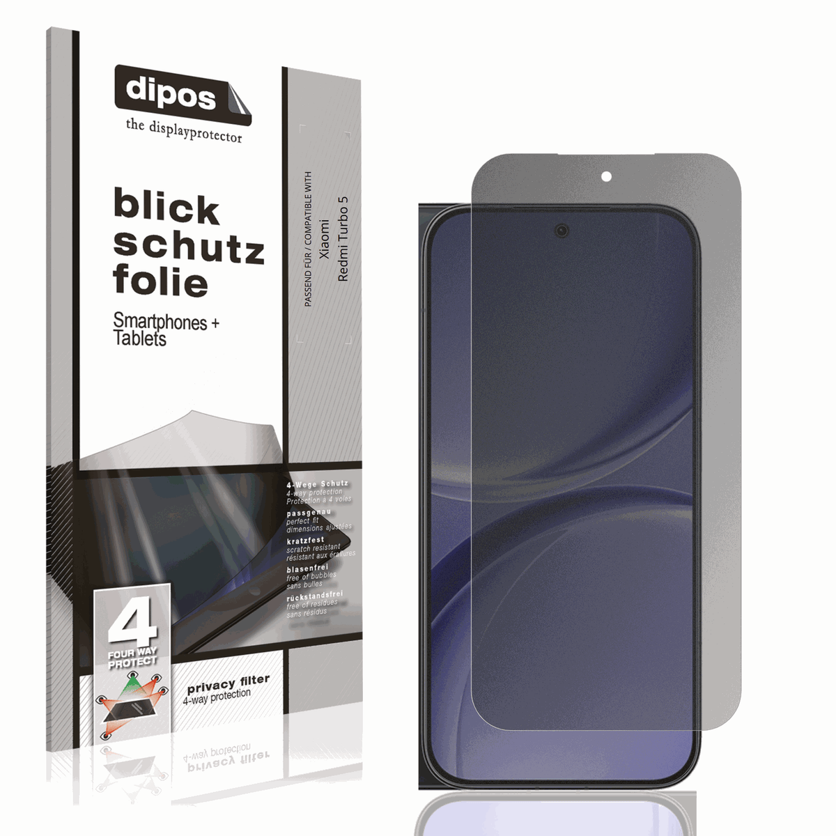 Blickschutzfolie von dipos passend für Xiaomi Redmi Turbo 5, präziser Zuschnitt und blasenfrei montiert
