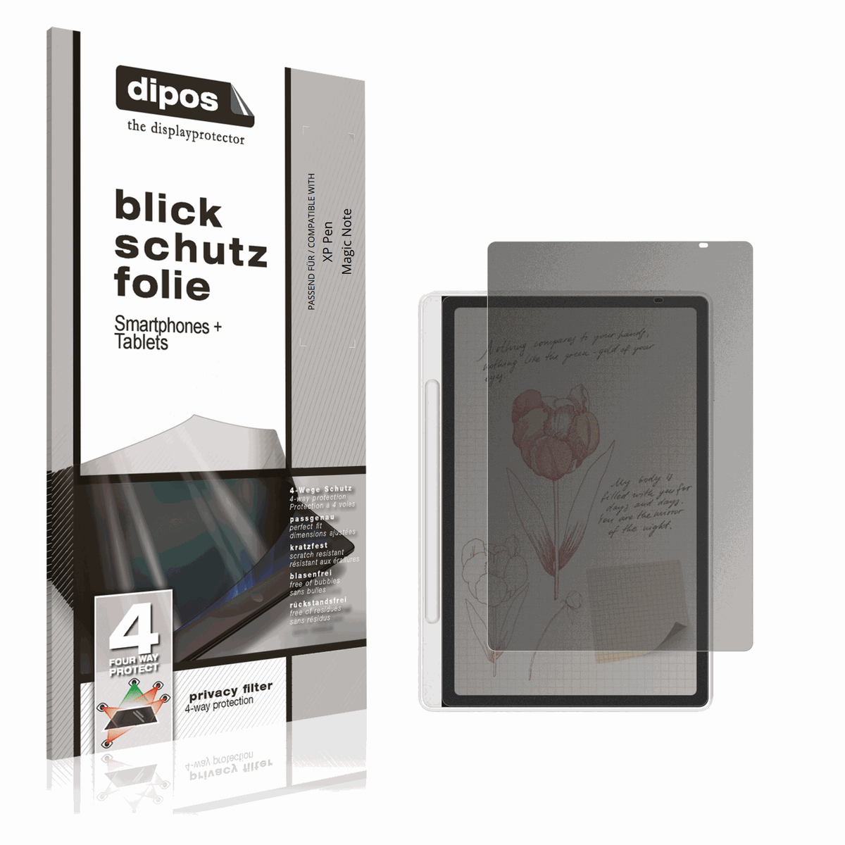 Blickschutzfolie von dipos passend für XP-Pen Magic Note Pad, präziser Zuschnitt und blasenfrei montiert