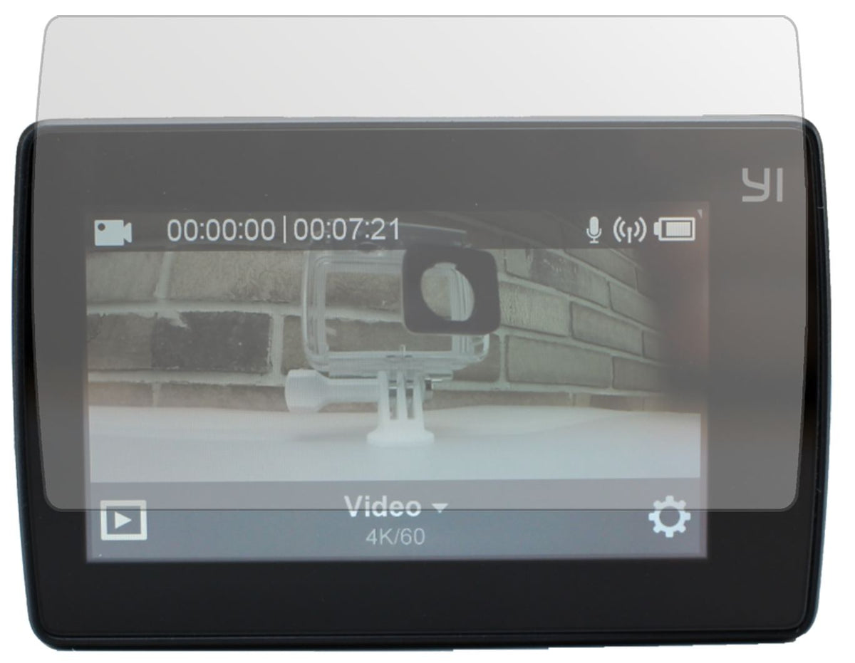 YI4K Plus mit aufgebrachter dipos Displayschutzfolie, die lästige Fingerabdrücke minimiert
