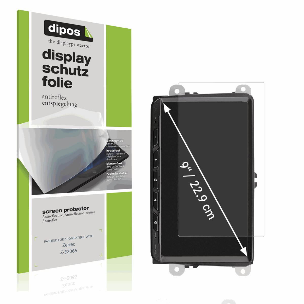 Matte Displayschutzfolie von dipos passend für Zenec Z-E2065, präziser Zuschnitt und blasenfrei montiert