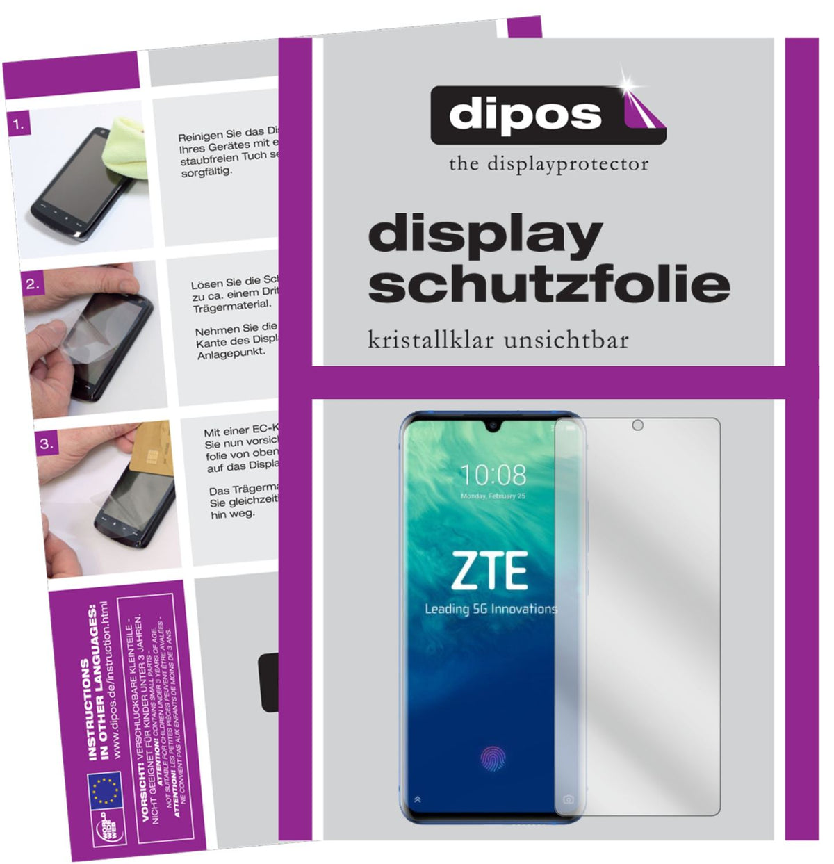 Klare Displayschutzfolie von dipos passend für ZTE Axon 10s Pro 5G, präziser Zuschnitt und blasenfrei montiert