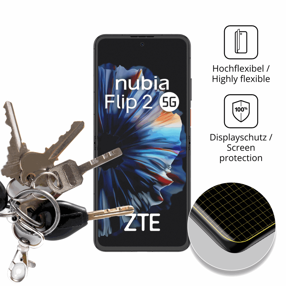 dipos Displayschutz für ZTE Nubia Flip 2 5G, transparente Oberfläche, perfekte Passform auch für die Rundungen